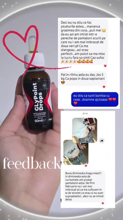În recenziile din imagini, persoanele care folosesc GlyPoint Drops povestesc despre haine care le vin mai confortabil și schimbări pe care le observă
