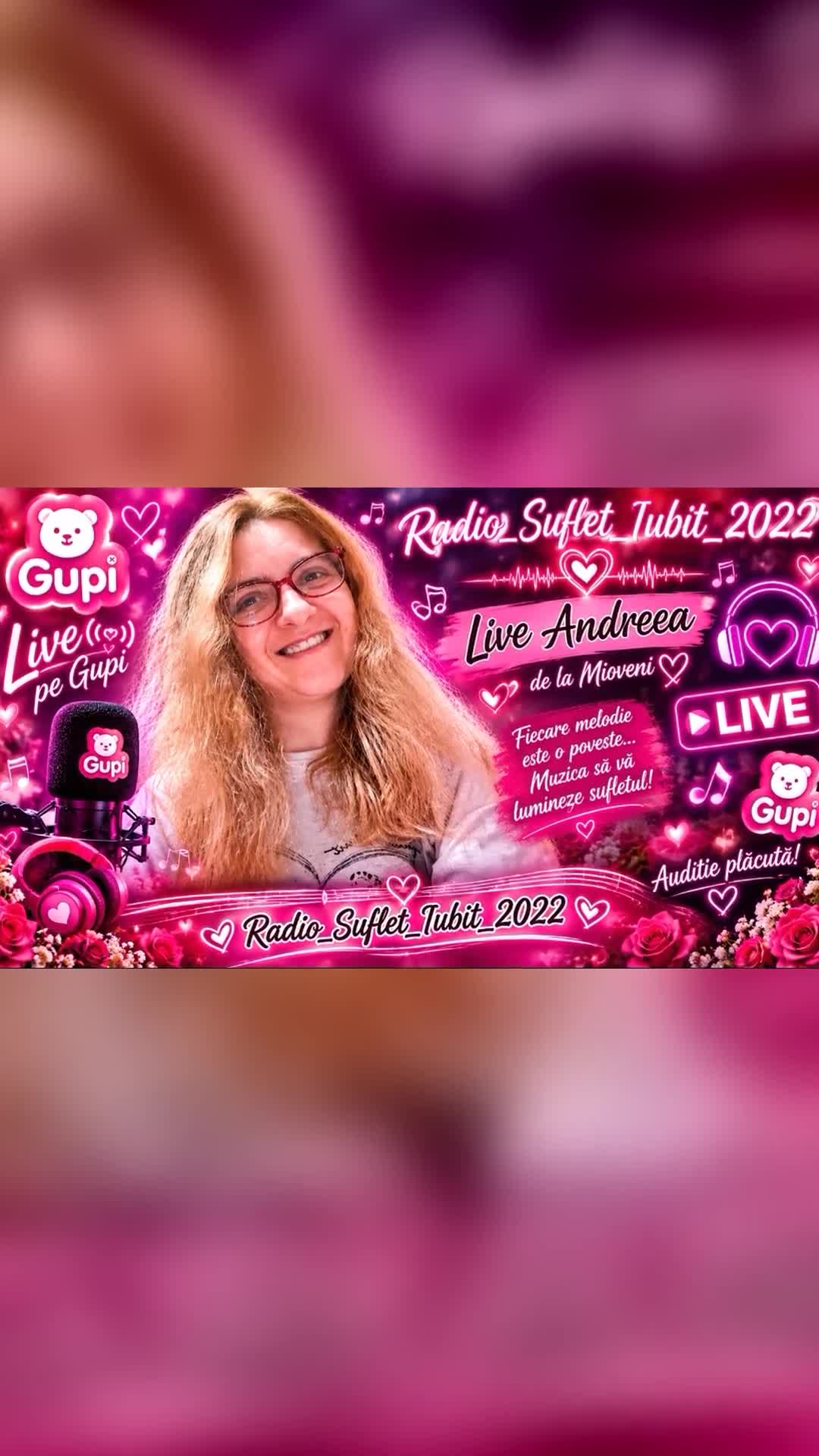 🎙️💗 LIVE pe Gupi cu Radio_Suflet_Iubit_2022! 💗🎶
Bună, dragii mei! 🌹
Vă invit cu mult drag să fiți alături de mine la o nouă întâlnire cu mine!