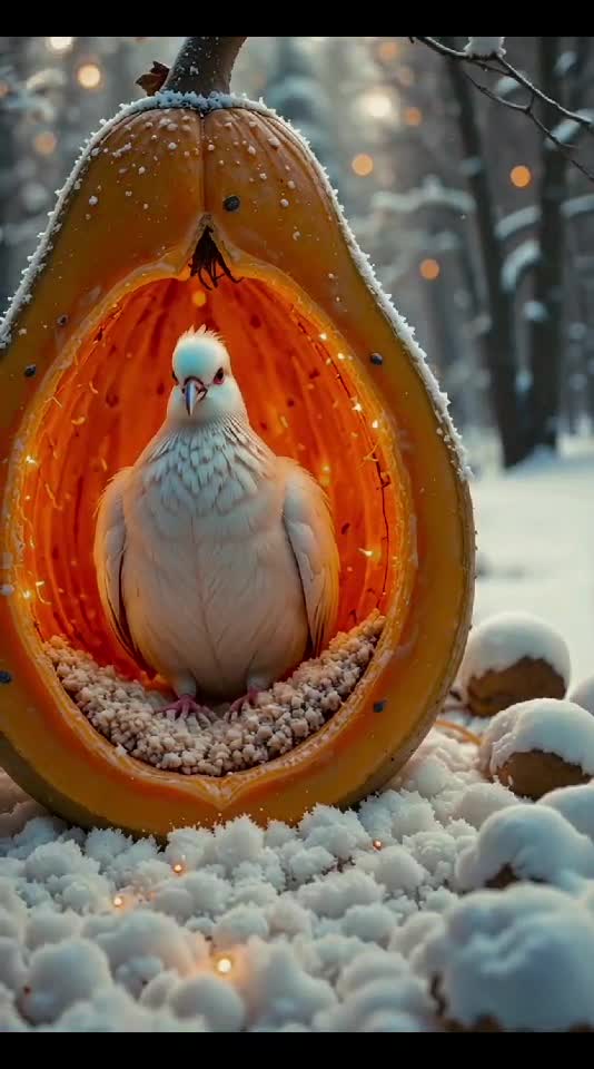 Snowy Snuggles: The Dove Who Turned a Pumpkin into a Winter Wonderland Nest! ❄️🕊️🎃