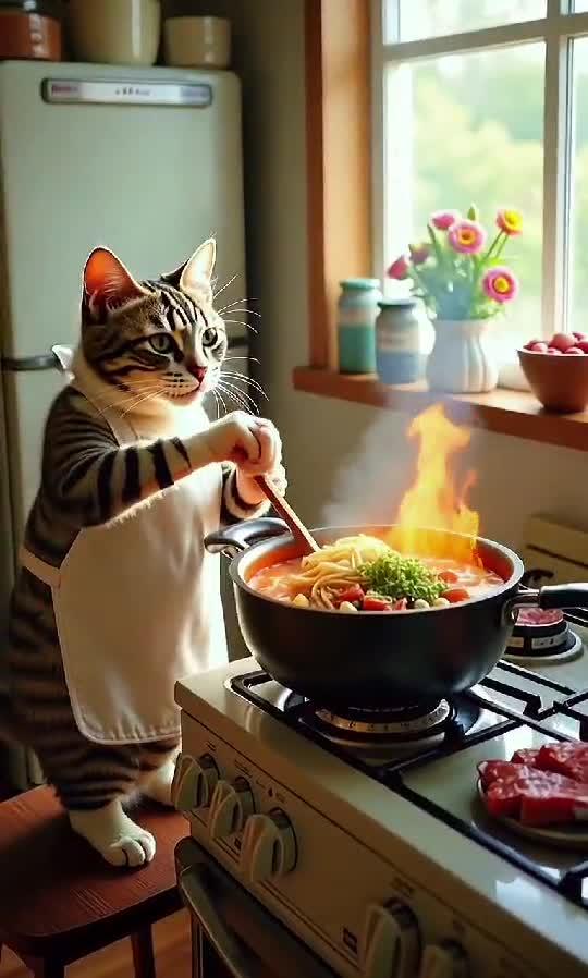 Chef Whiskers in Action! 🍝🔥🐾  entertaininganimals