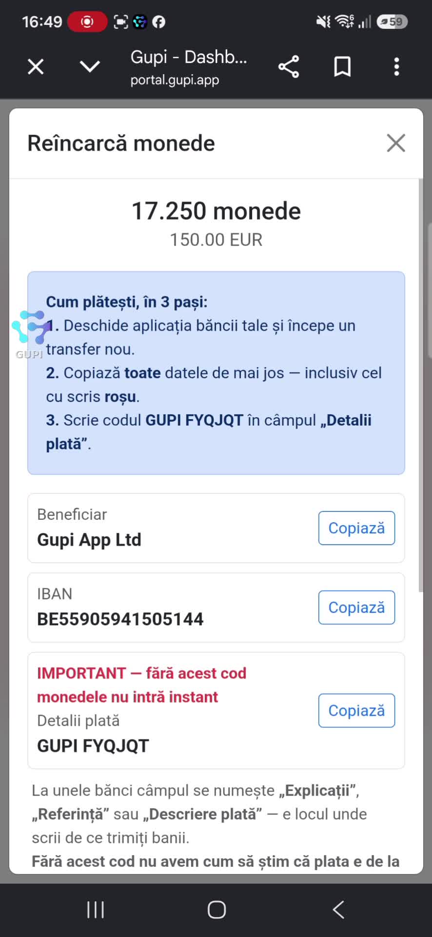 Cum incarci dupa 
monede gupi.app