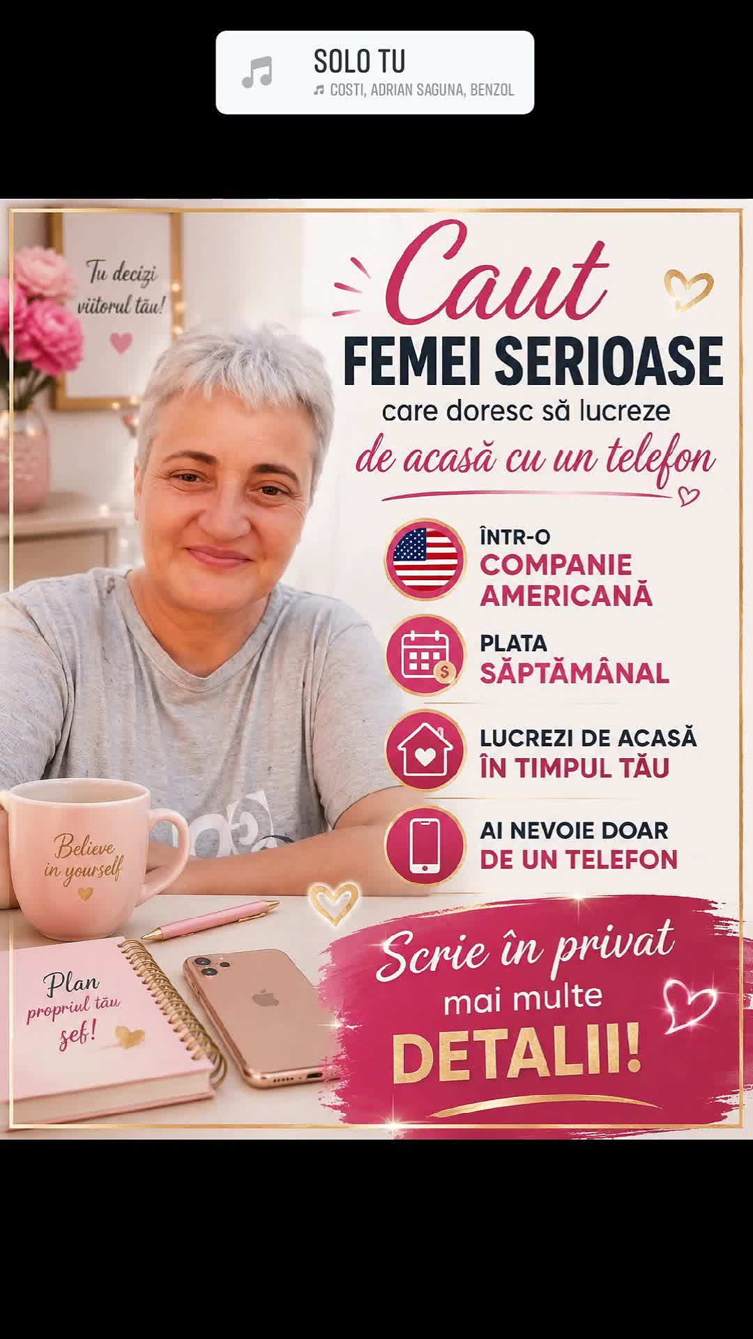 Vrei să lucrezi de acasă cu un telefon ?
Nu ai nevoie de experiență 
Vei fi invatată 
Pata săptămânal.
Cere Detalii