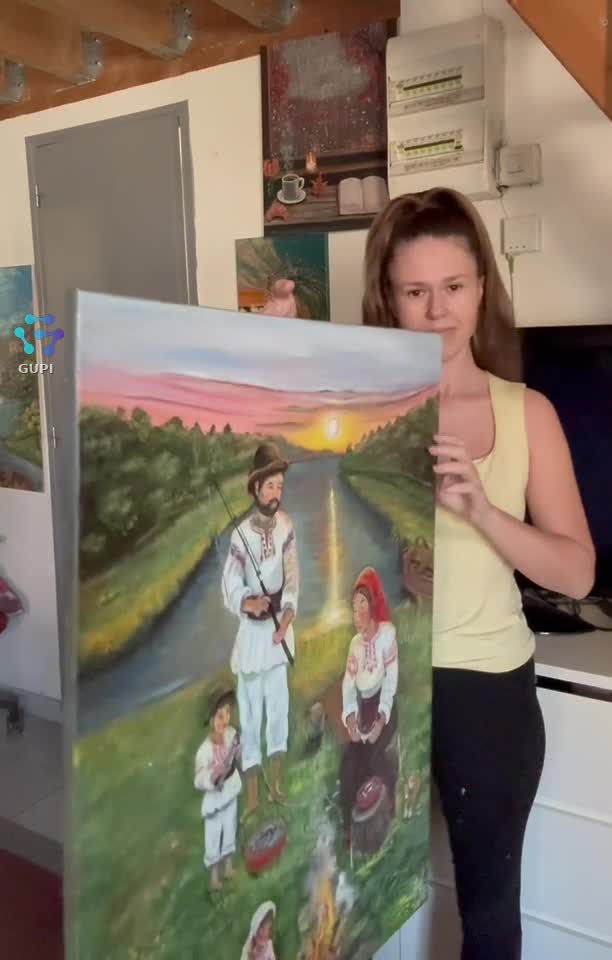familia tradițională de odinioară, pictură acrilică