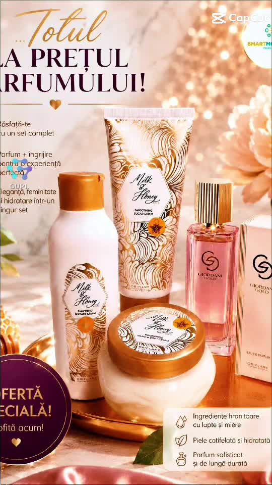 ✨ SET COMPLET PENTRU EA ✨

🥰 Cremă de mâini & corp Milk & Honey Gold
🍯 Exfoliant cu zahăr pentru corp
🛁 Cremă de duș Milk & Honey Gold
🌸 Parfumul Gior