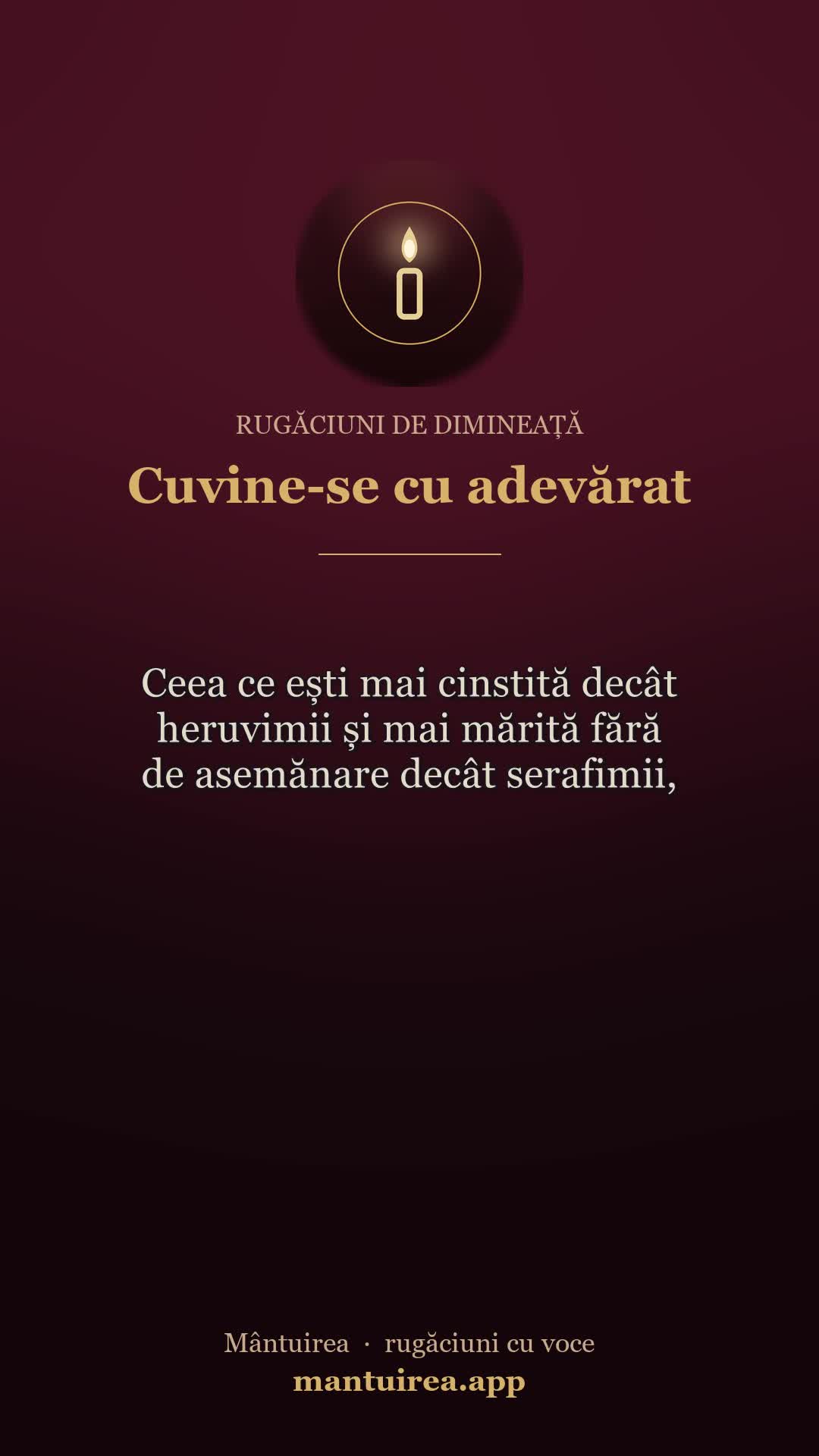 🕯️ Cuvine-se cu adevărat — rugăciuni de dimineață, cu vocea Părintelui Pavel.
Toate rugăciunile, dimineața și seara, în aplicația Mântuirea (gratuit pe Google Play) 👉 https://mantuirea.app/gupi