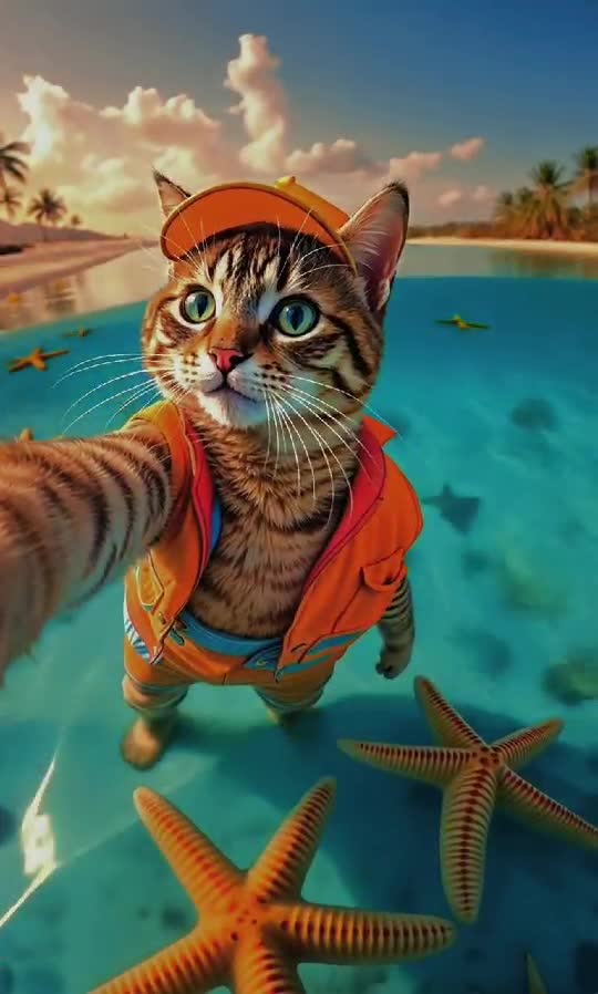 Tropical Cat Vibes – Selfie with Starfish! 🐱📸🌴
